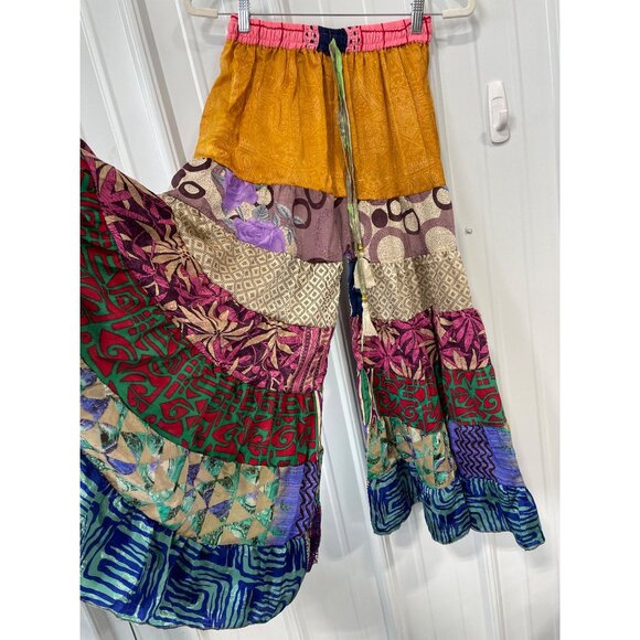 Patchwork Palazzo Pants One Size Tiered Floral Geometric Wide Leg Boho Hippie - Picture 4 of 7